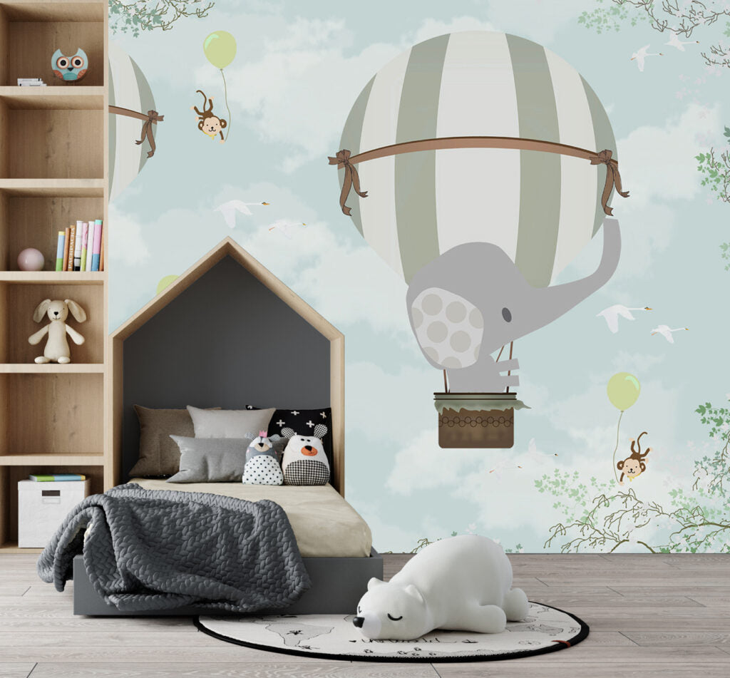 Balloon Elephant Wallpaper : Fox and Animals in the Sky Mural - View 5
