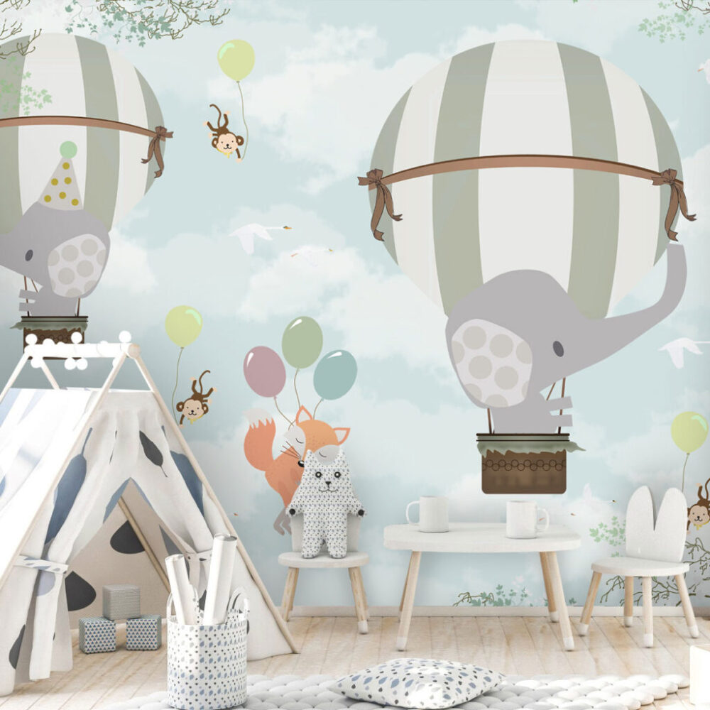 Balloon Elephant Wallpaper : Fox and Animals in the Sky Mural - View 4