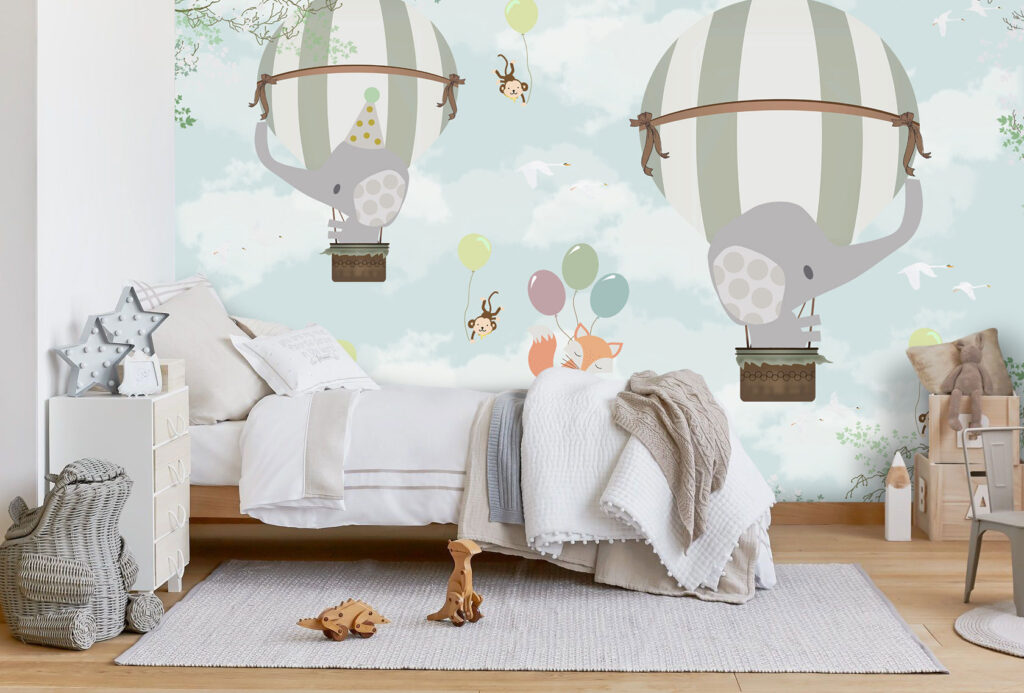 Balloon Elephant Wallpaper : Fox and Animals in the Sky Mural - View 2