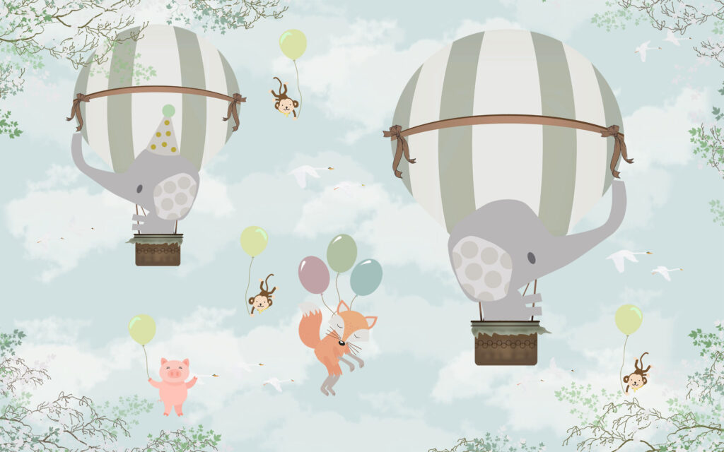 Balloon Elephant Wallpaper : Fox and Animals in the Sky Mural - flat design