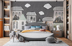 Sketch House Wallpaper : Grey Doodle Town Mural