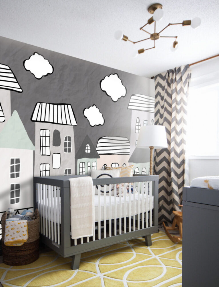 Sketch House Wallpaper : Grey Doodle Town Mural - View 5
