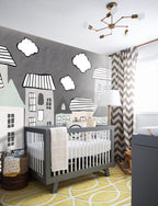 Sketch House Wallpaper : Grey Doodle Town Mural - View 5
