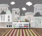 Sketch House Wallpaper : Grey Doodle Town Mural - View 4