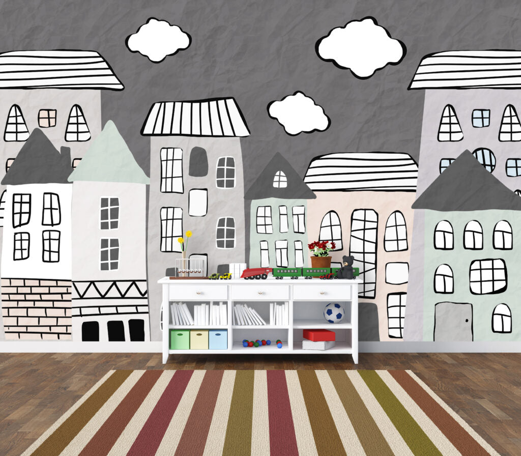 Sketch House Wallpaper : Grey Doodle Town Mural - View 4