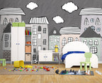 Sketch House Wallpaper : Grey Doodle Town Mural - View 2
