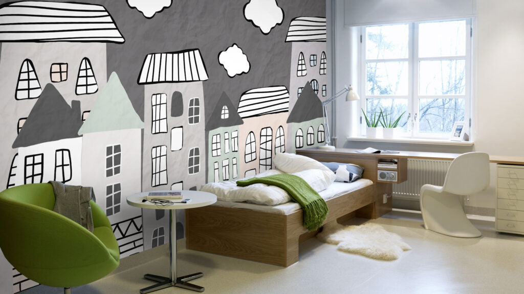 Sketch House Wallpaper : Grey Doodle Town Mural - View 3