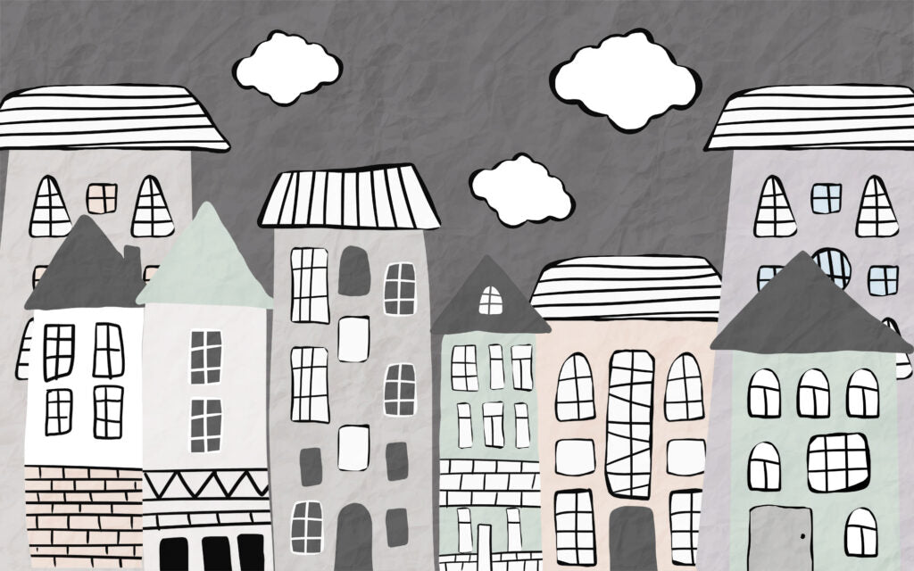 Sketch House Wallpaper : Grey Doodle Town Mural - flat design