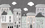 Sketch House Wallpaper : Grey Doodle Town Mural - flat design