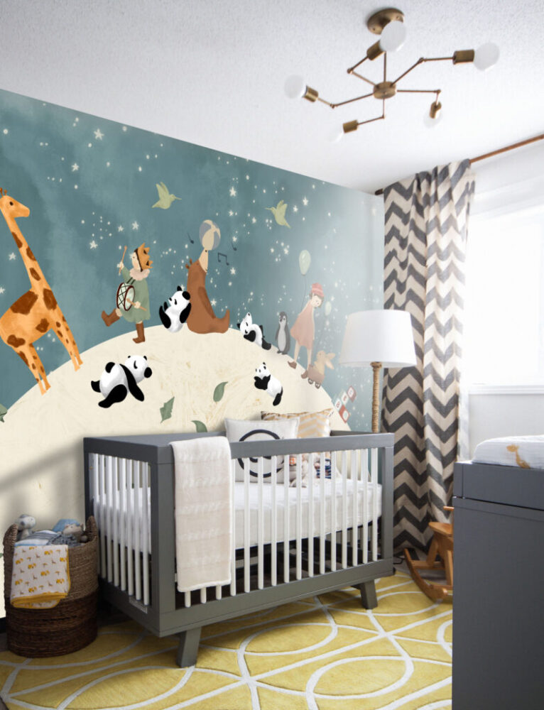 Animal Globe Wallpaper : Pandas and Giraffes on the Moon Mural - View 5
