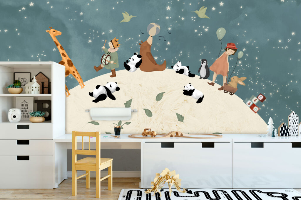 Animal Globe Wallpaper : Pandas and Giraffes on the Moon Mural - View 4