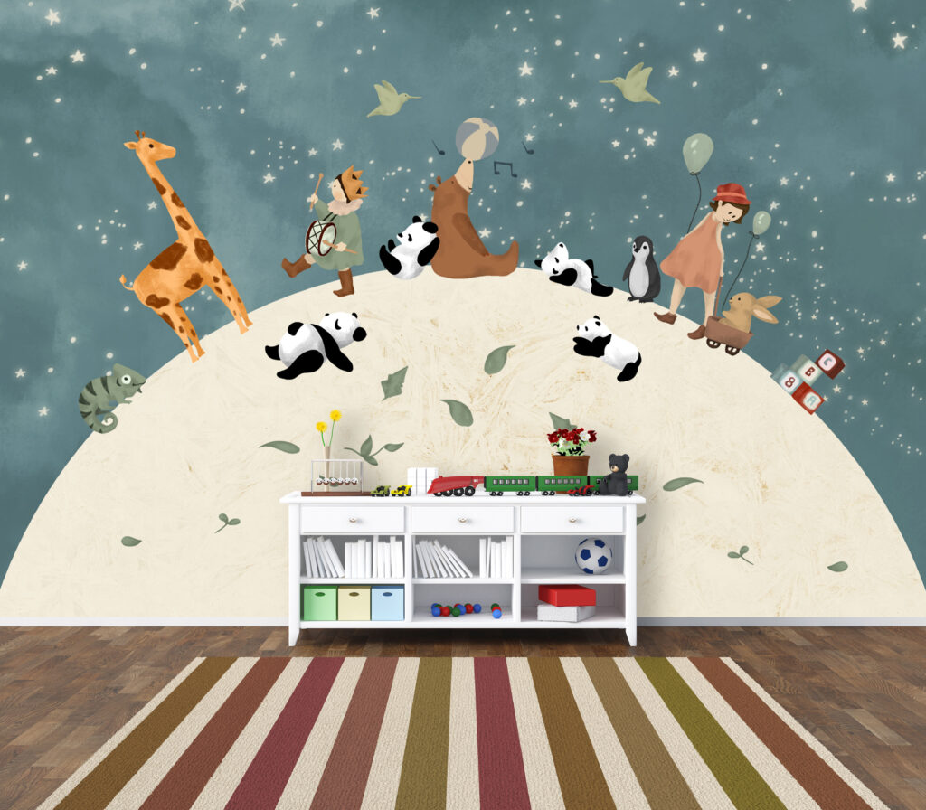 Animal Globe Wallpaper : Pandas and Giraffes on the Moon Mural - View 3