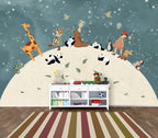 Animal Globe Wallpaper : Pandas and Giraffes on the Moon Mural - View 3