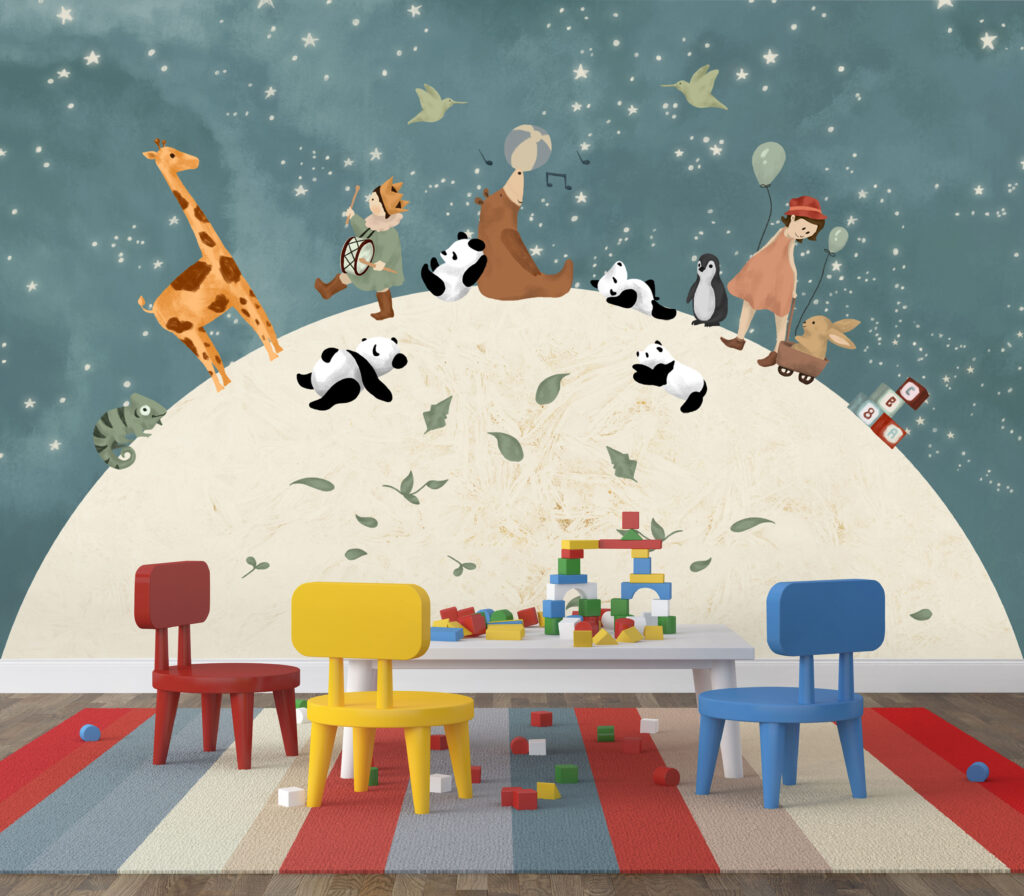 Animal Globe Wallpaper : Pandas and Giraffes on the Moon Mural - View 2