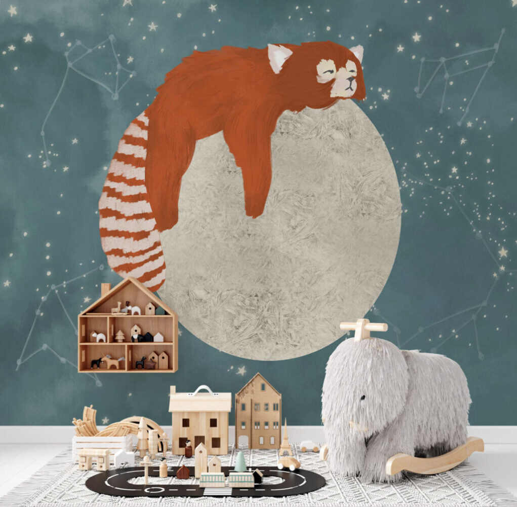 Red Panda Moon Wallpaper : Sleeping Animal Night Sky Mural