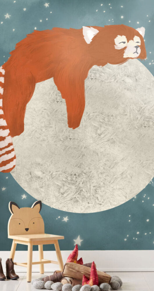 Red Panda Moon Wallpaper : Sleeping Animal Night Sky Mural - View 5