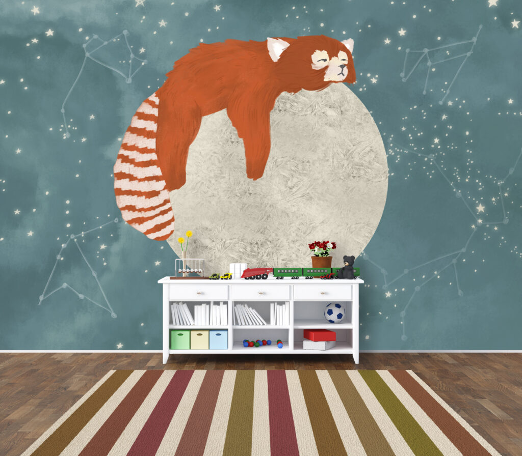 Red Panda Moon Wallpaper : Sleeping Animal Night Sky Mural - View 4