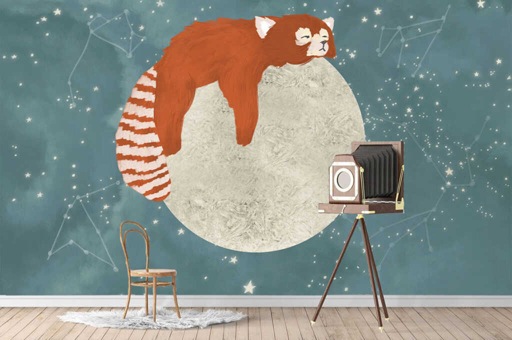 Red Panda Moon Wallpaper : Sleeping Animal Night Sky Mural - View 3
