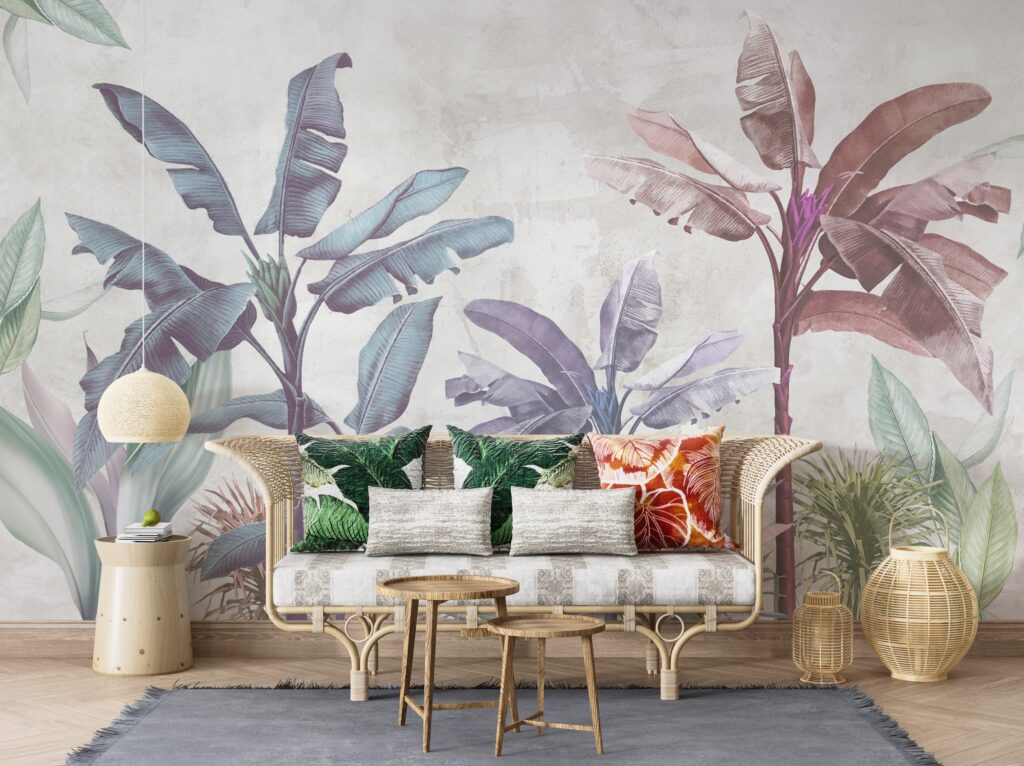 Lilac Tropical Wallpaper : Pastel Banana Palm Mural - View 5
