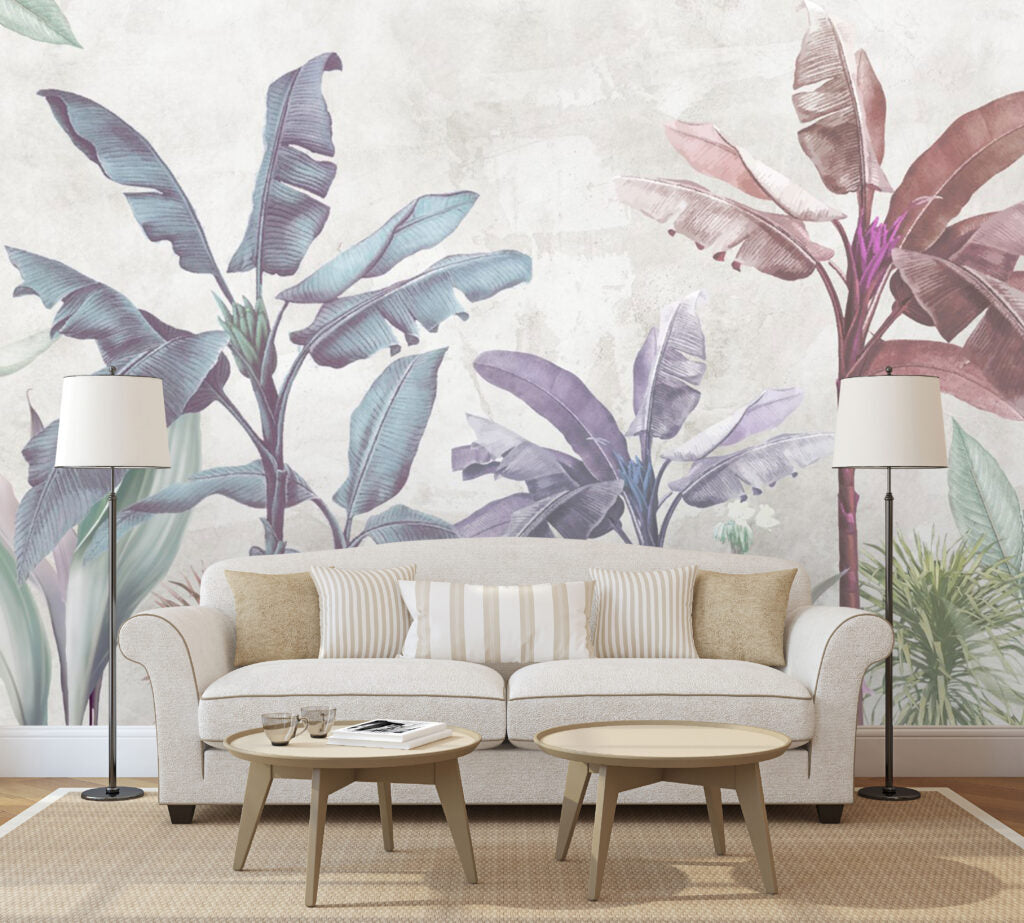Lilac Tropical Wallpaper : Pastel Banana Palm Mural - View 2