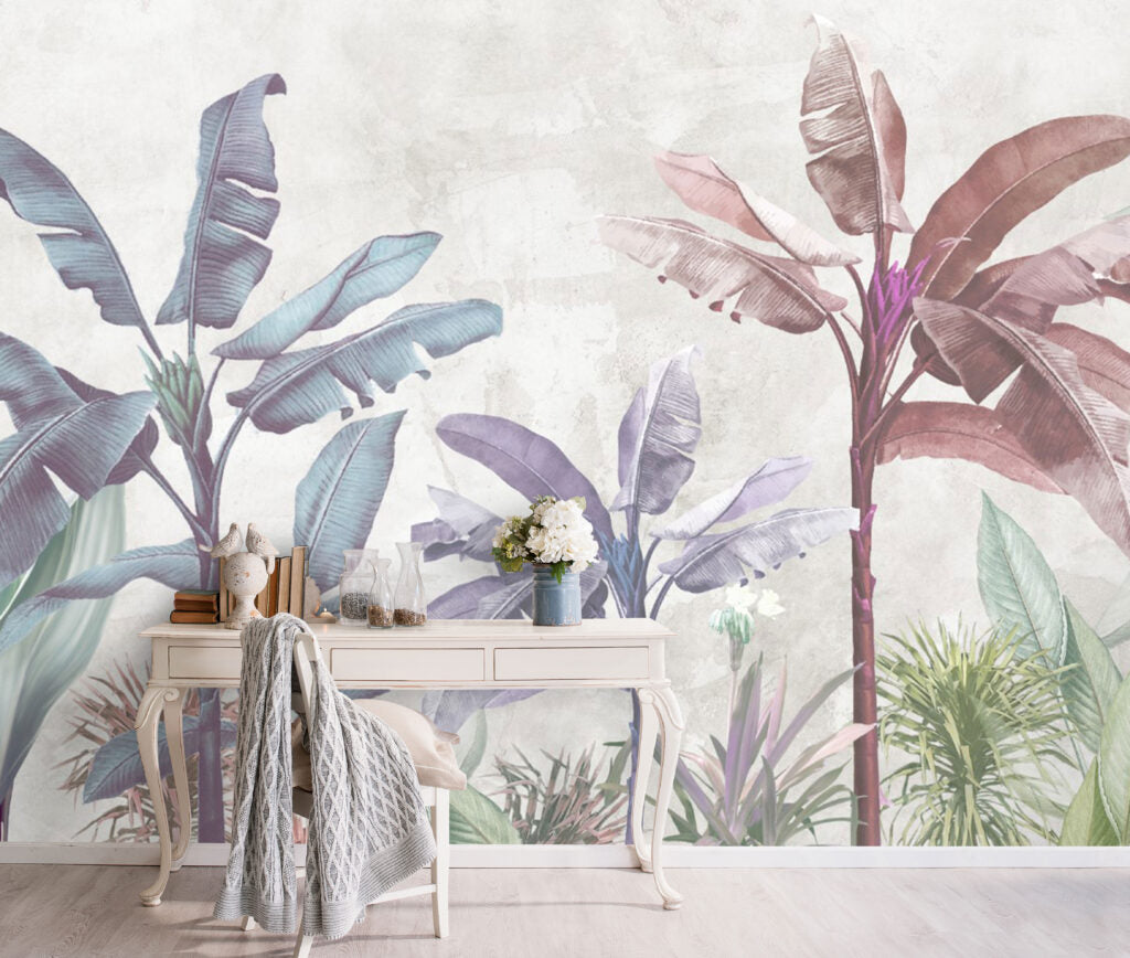 Lilac Tropical Wallpaper : Pastel Banana Palm Mural - View 3