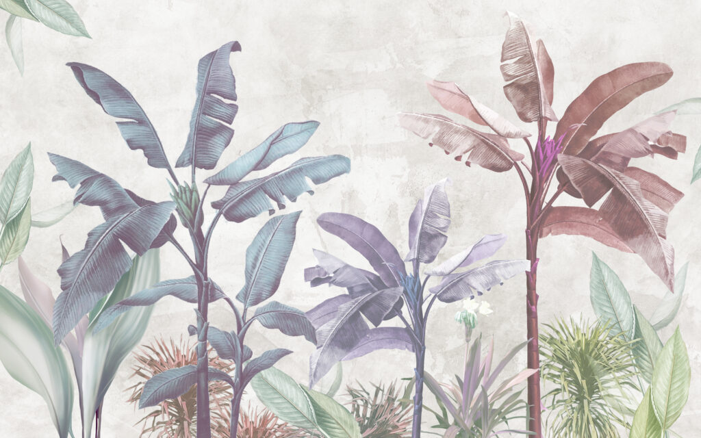 Lilac Tropical Wallpaper : Pastel Banana Palm Mural - flat design