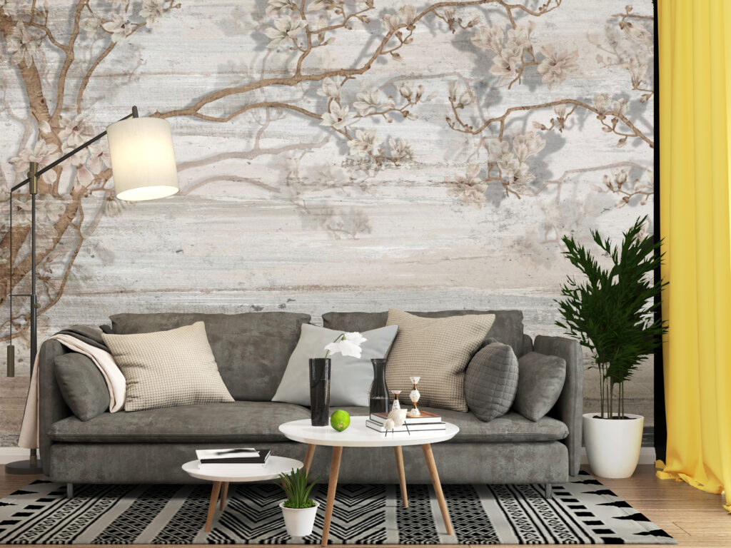 Driftwood Blossom Wallpaper : Beige Wood Grain Branch Mural