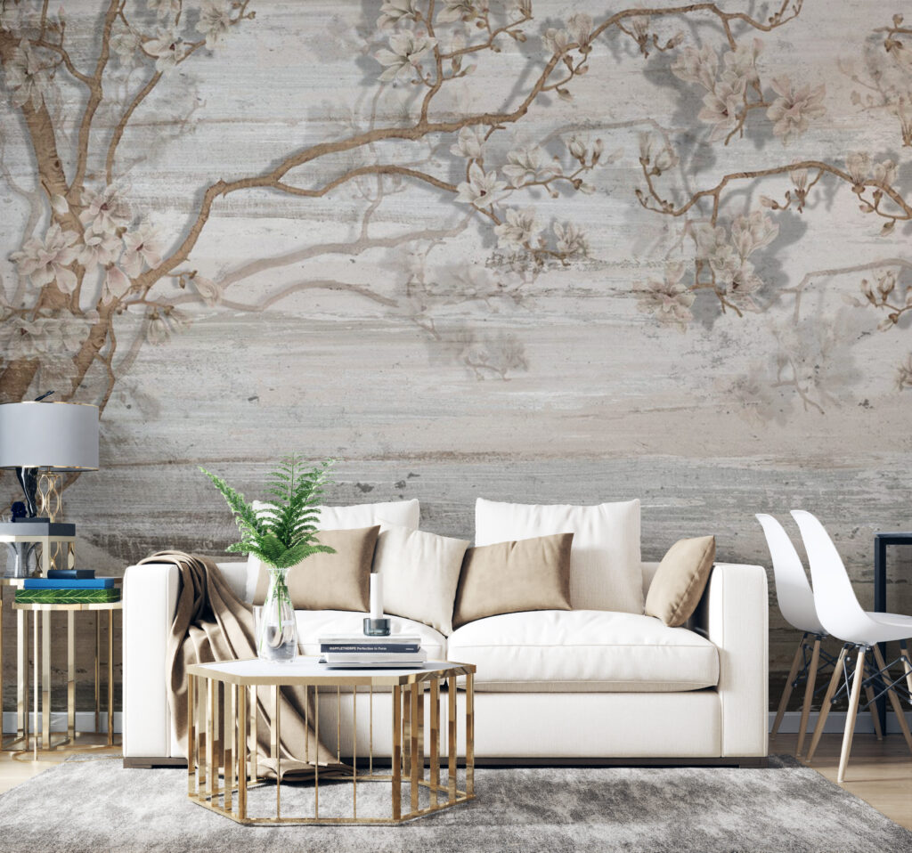 Driftwood Blossom Wallpaper : Beige Wood Grain Branch Mural - View 2