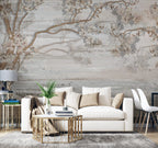 Driftwood Blossom Wallpaper : Beige Wood Grain Branch Mural - View 2