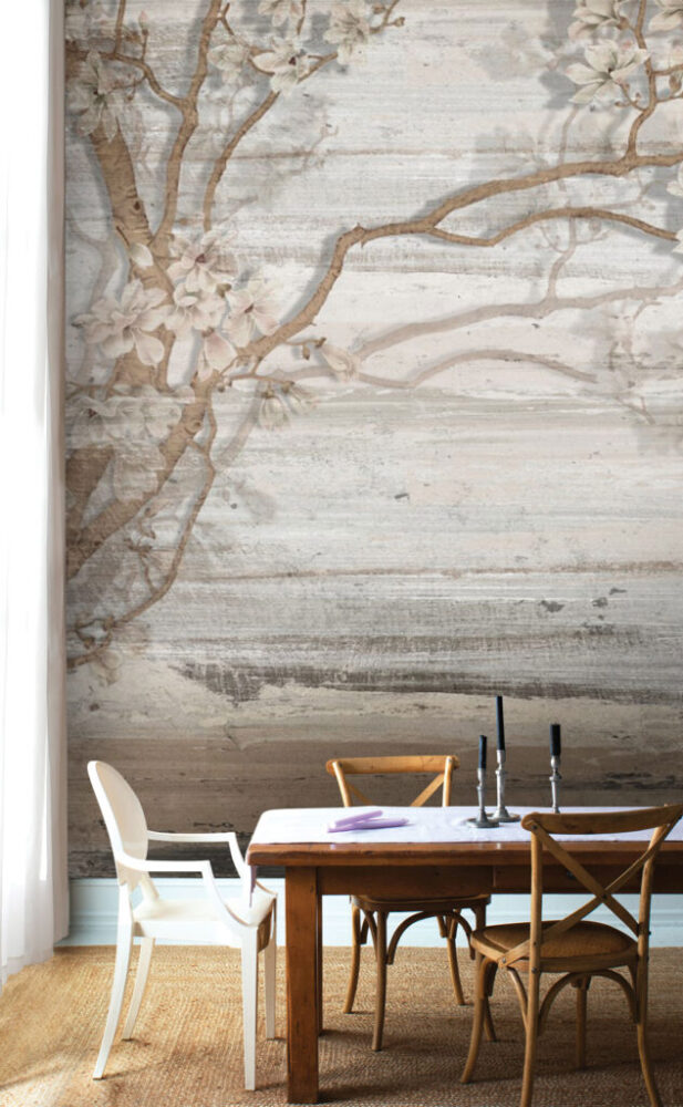Driftwood Blossom Wallpaper : Beige Wood Grain Branch Mural - View 5