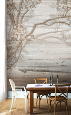 Driftwood Blossom Wallpaper : Beige Wood Grain Branch Mural - View 5