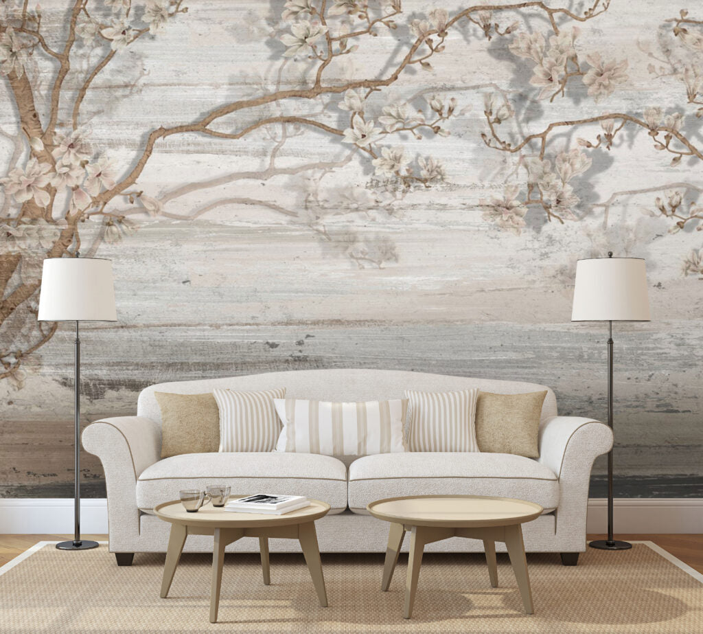 Driftwood Blossom Wallpaper : Beige Wood Grain Branch Mural - View 4