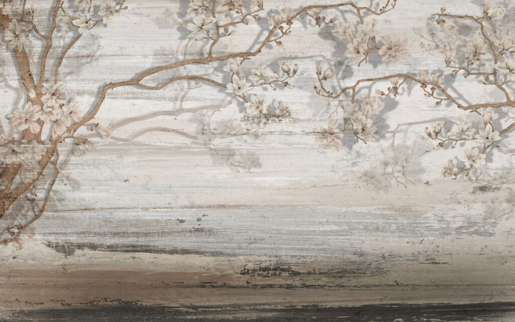 Driftwood Blossom Wallpaper : Beige Wood Grain Branch Mural - flat design