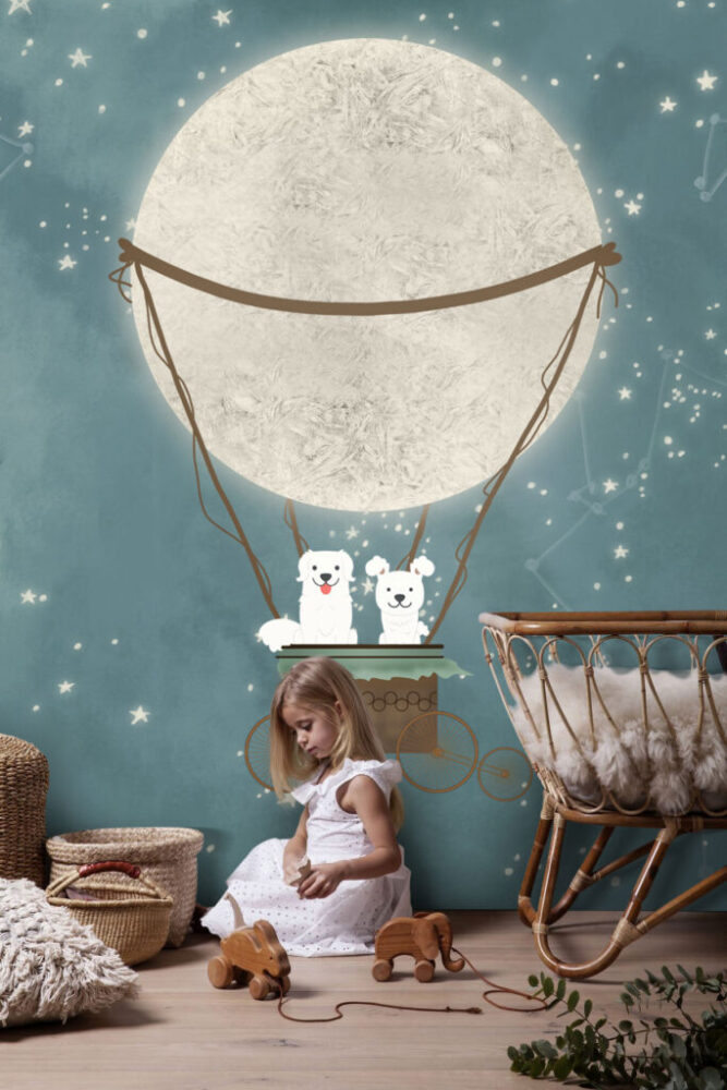 Puppy Balloon Wallpaper : Moon Hot Air Balloon Night Sky Mural - View 4