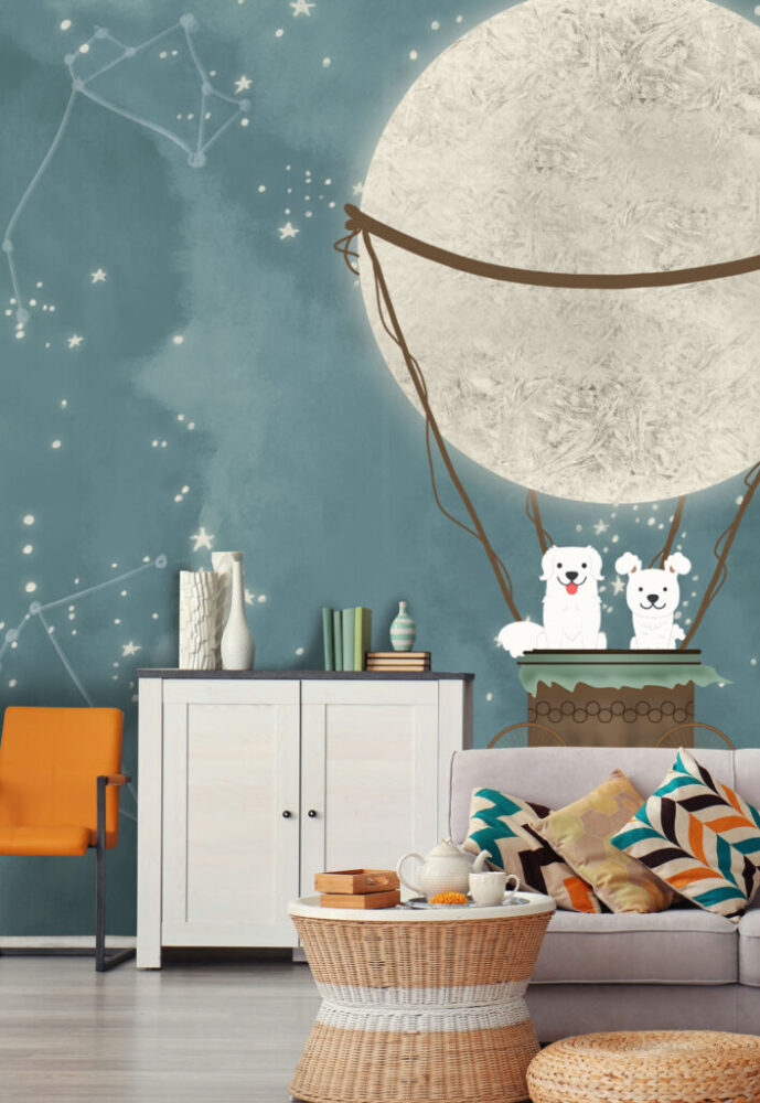 Puppy Moon Balloon Wallpaper : Starry Night Kids Mural - View 6