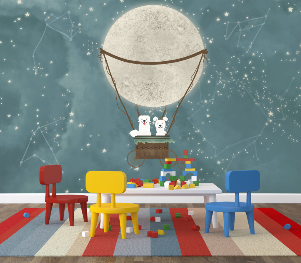 Puppy Moon Balloon Wallpaper : Starry Night Kids Mural - View 5