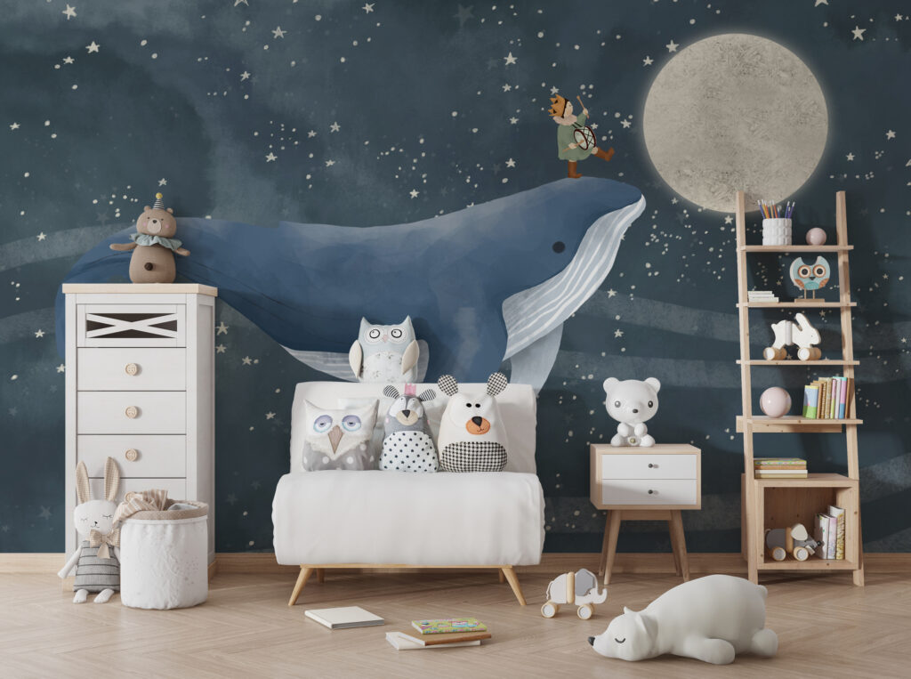 Whale Night Sky Wallpaper : Child Riding Whale Mural