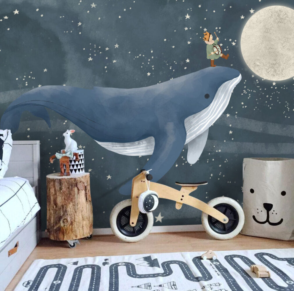 Whale Night Sky Wallpaper : Child Riding Whale Mural - View 5