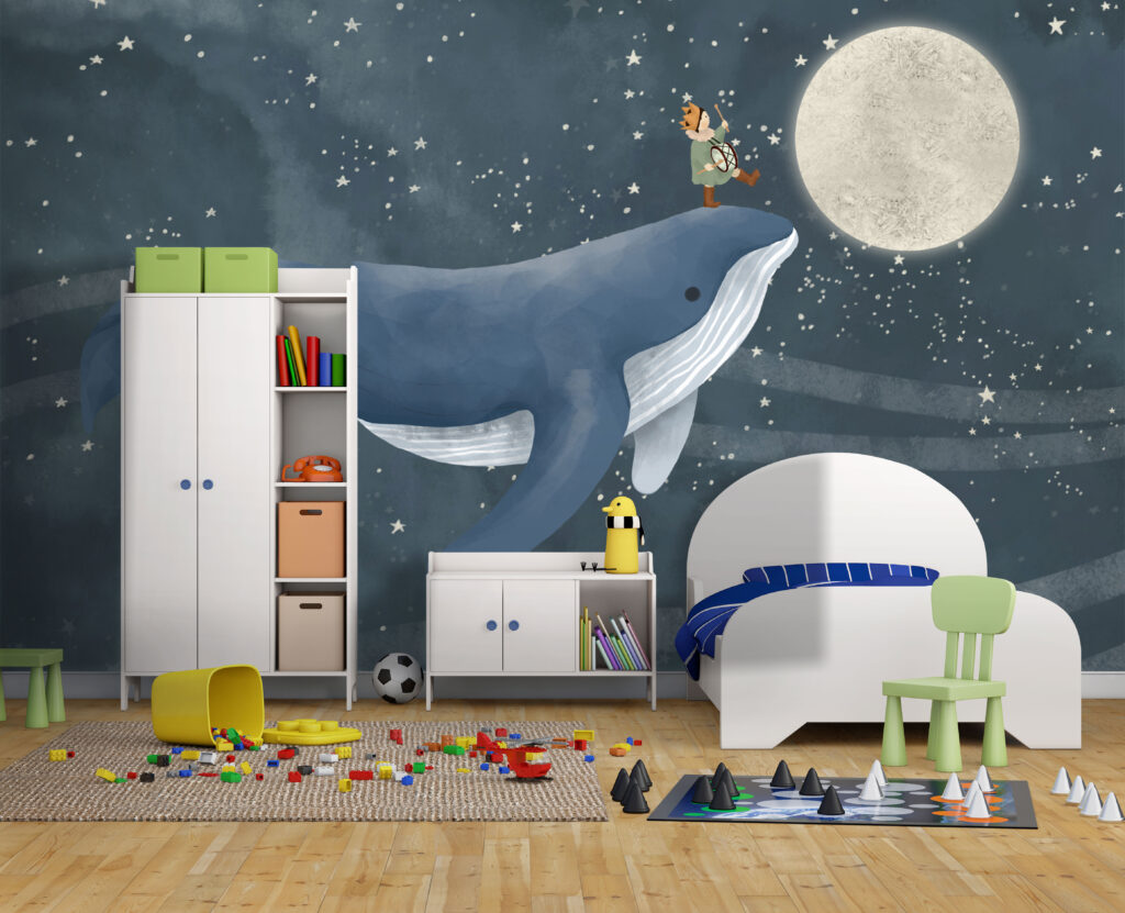 Whale Night Sky Wallpaper : Child Riding Whale Mural - View 3