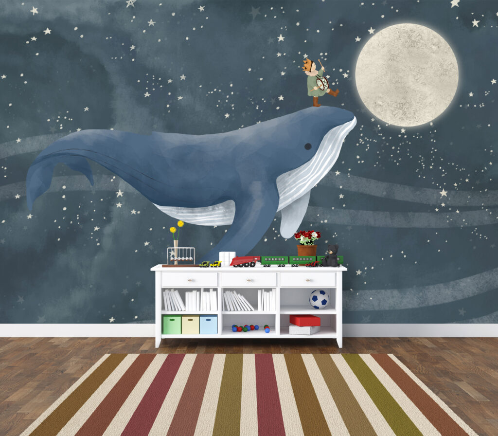 Whale Night Sky Wallpaper : Child Riding Whale Mural - View 2