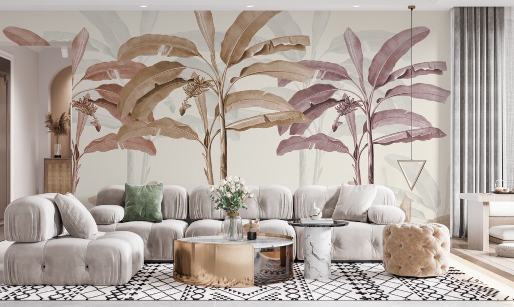Blush Palm Wallpaper : Beige Banana Tree Tropical Mural - View 2
