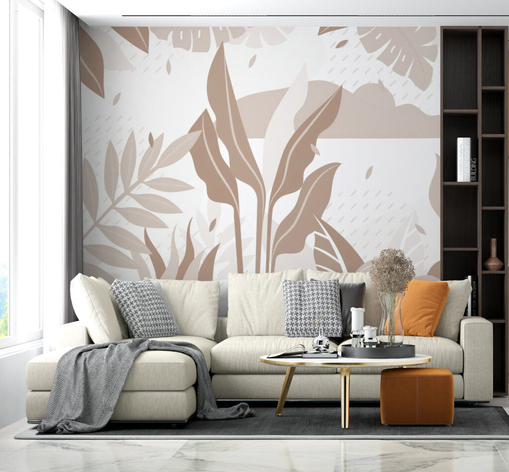 Boho Leaf Wallpaper : Abstract Beige Foliage Mural
