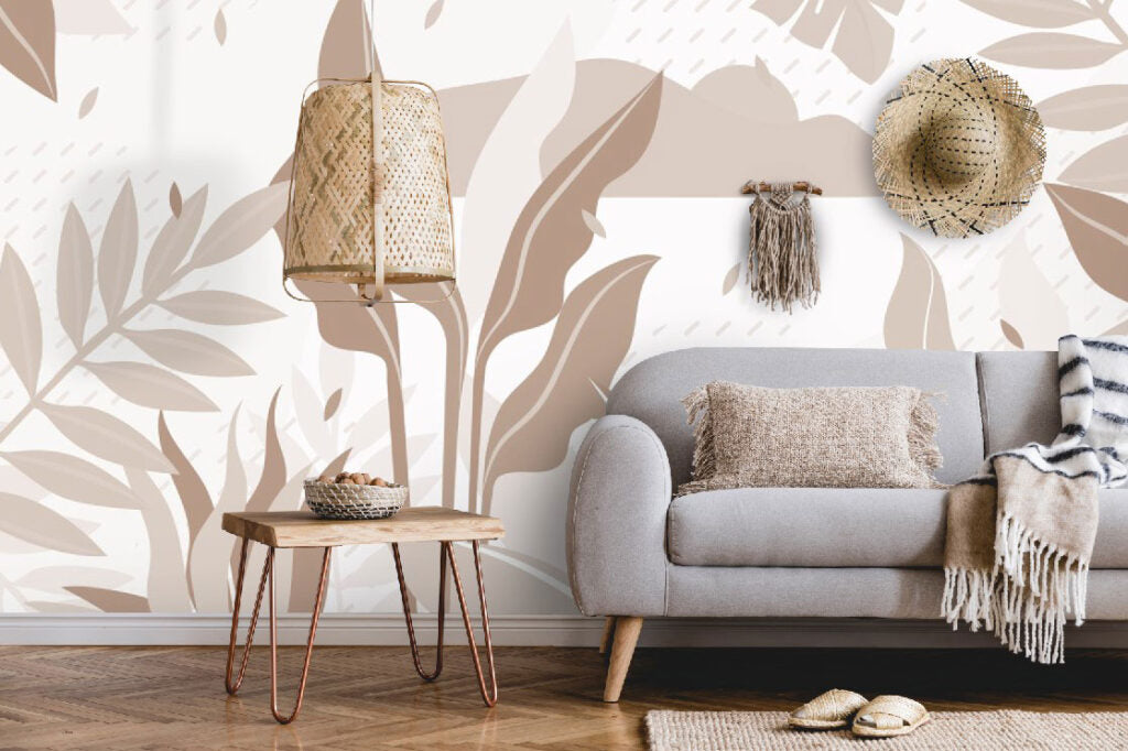 Boho Leaf Wallpaper : Abstract Beige Foliage Mural - View 4