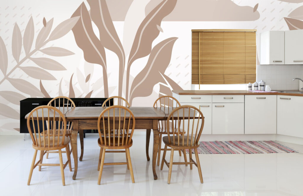 Boho Leaf Wallpaper : Abstract Beige Foliage Mural - View 3
