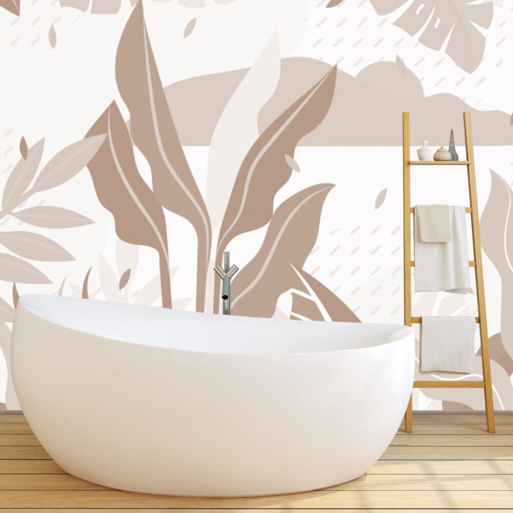 Boho Leaf Wallpaper : Abstract Beige Foliage Mural - View 2