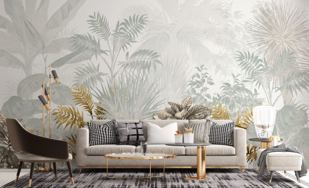 Misty Jungle Wallpaper : Pale Sage Tropical Forest Mural