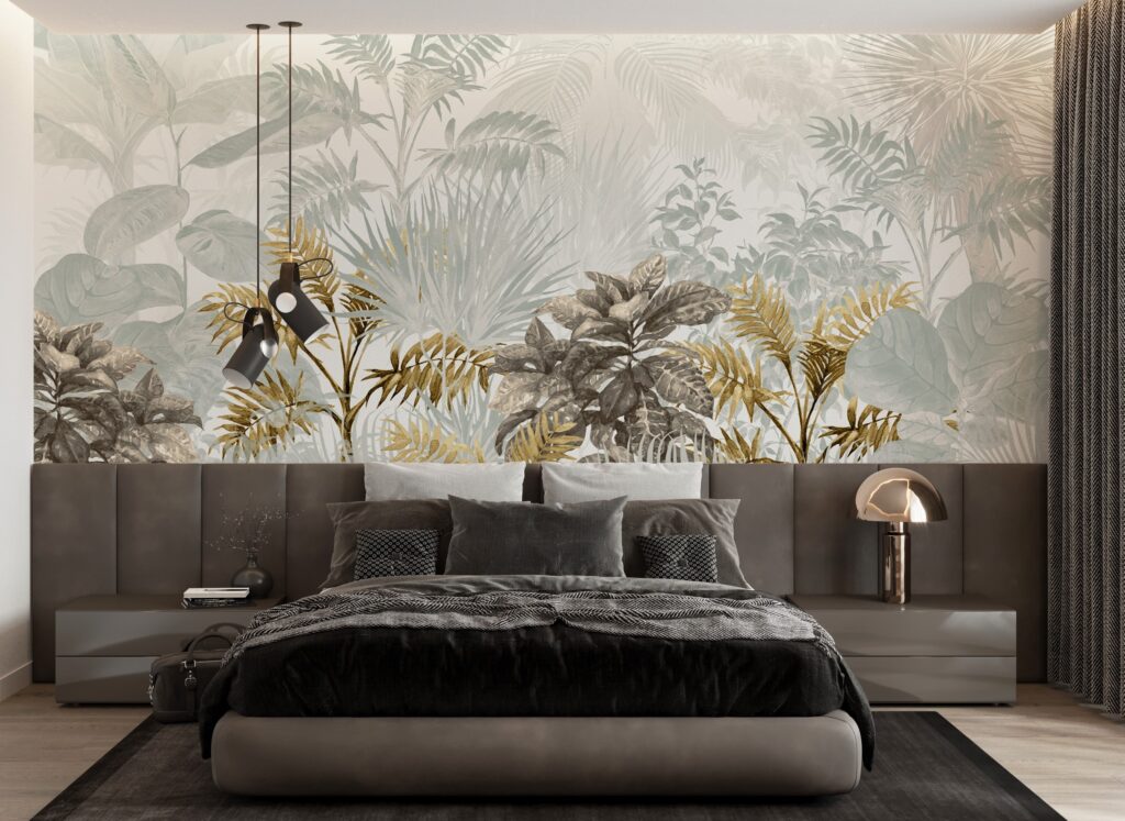 Misty Jungle Wallpaper : Pale Sage Tropical Forest Mural - View 3