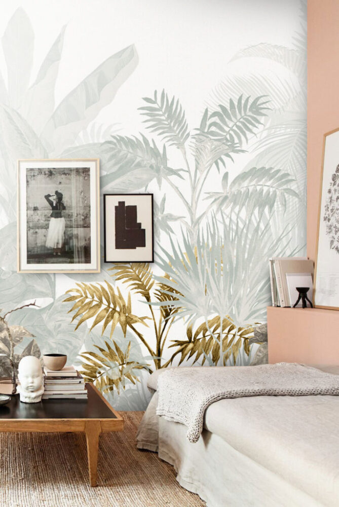 Misty Jungle Wallpaper : Pale Sage Tropical Forest Mural - View 4