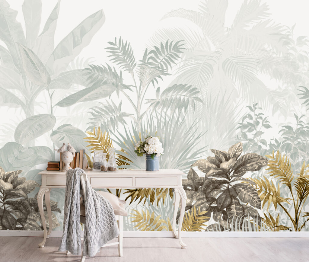 Misty Jungle Wallpaper : Pale Sage Tropical Forest Mural - View 2