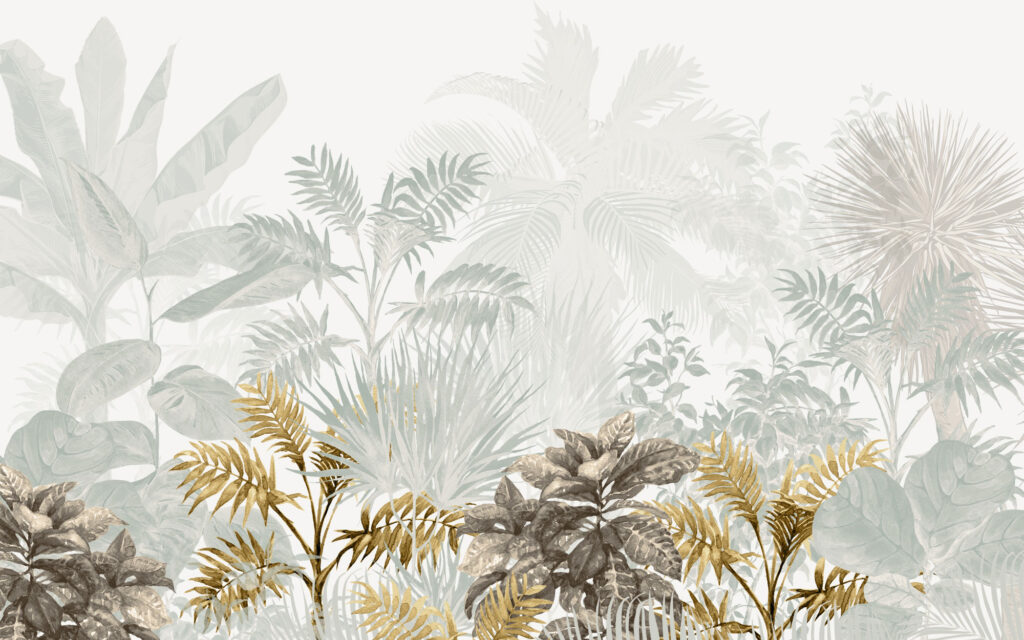 Misty Jungle Wallpaper : Pale Sage Tropical Forest Mural - flat design